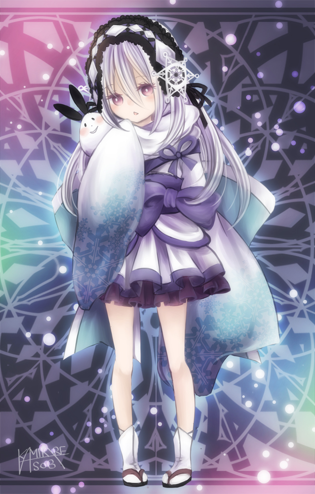 1girl, blue_hair, blush, duel_monster, ghostrick_yuki-onna, hairband, ka3ki0asobi, long_sleeves, solo, violet_eyes, yuu-gi-ou