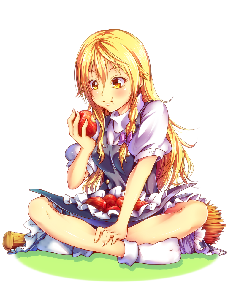 1girl, :t, ankle_socks, apple, blonde_hair, bow, braid, broom