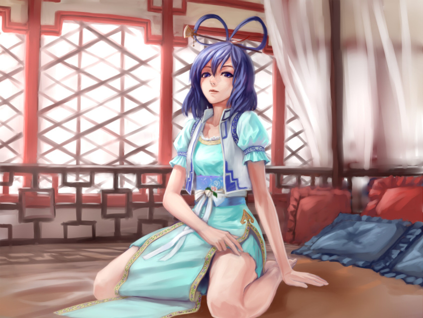 1girl, arm_support, belph, blue_eyes, blue_hair, bow, dress, hair_ornament