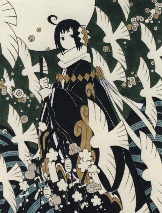 1girl, ahoge, bird, black_eyes, black_hair, calligraphy_pen_(medium), japanese_clothes, kimono