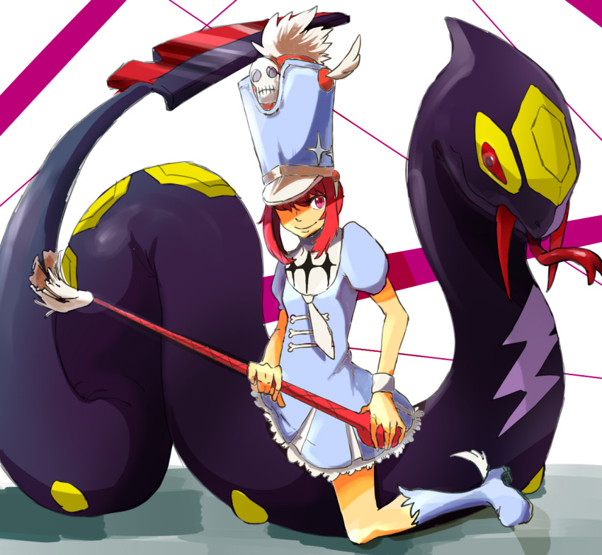 1girl, baton, boots, crossover, dress, flat_chest, hair_over_one_eye, hat