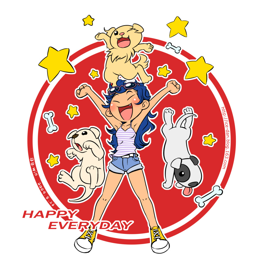 ^_^, absurdres, blue_hair, bone, denim, denim_shorts, dog, english
