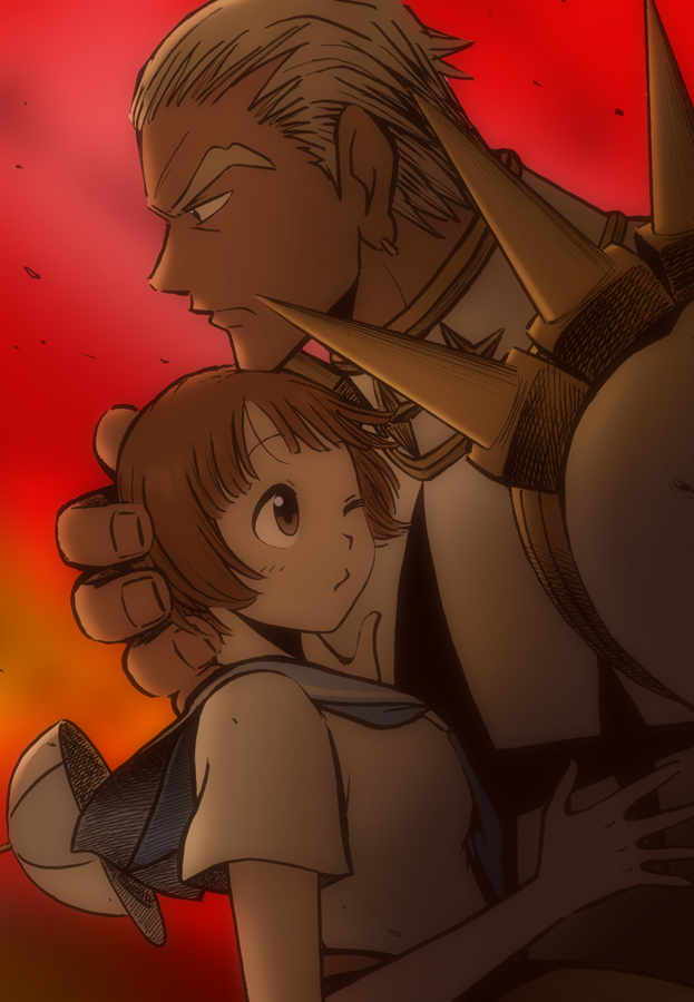 1boy, 1girl, blonde_hair, brown_eyes, brown_hair, dark_skin, earrings, eyebrows