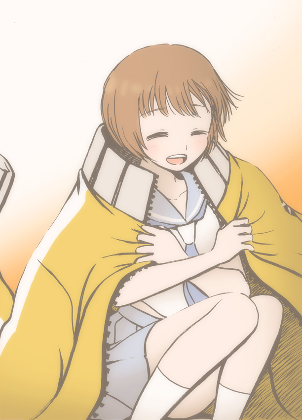 1girl, :d, blush, bob_cut, brown_hair, closed_eyes, haruta_(h-oh), kill_la_kill