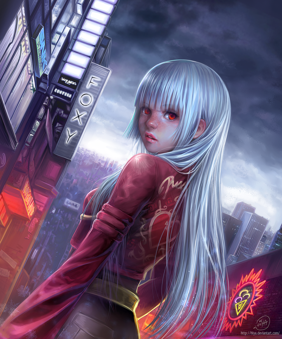 blue_hair, city, cropped_jacket, eva_lara, freckles, king_of_fighters, king_of_fighters_2000, kula_diamond, lips, long_hair, looking_back, realistic, red_eyes