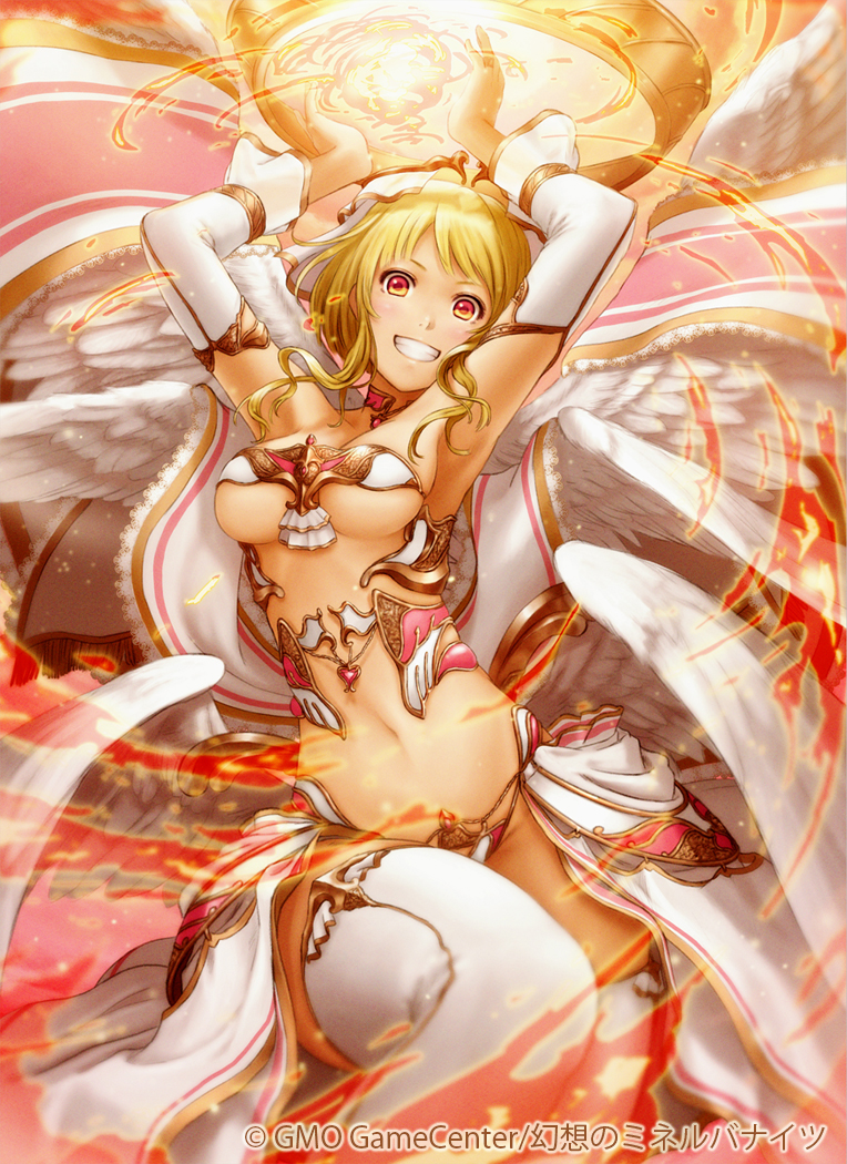 1girl, blonde_hair, blush, breasts, fireball, long_hair, looking_at_viewer, red_eyes