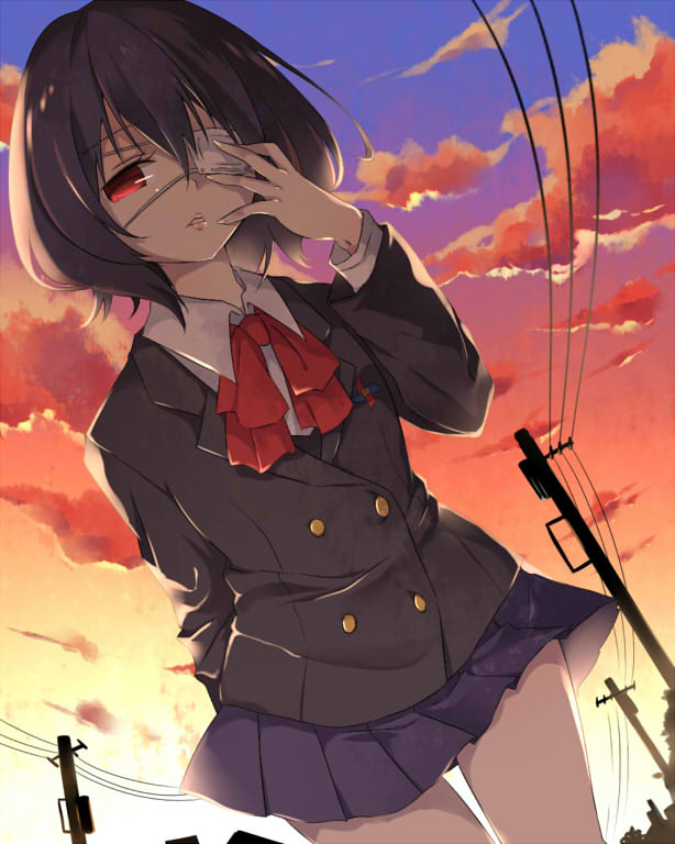 1girl, another, black_hair, eyepatch, looking_at_viewer, misaki_mei, oosuzu_aoi, red_eyes