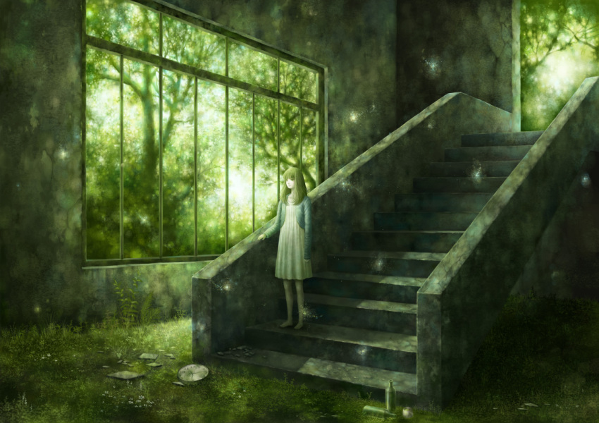 1girl, brown_hair, grass, kazami_(kuroro), long_hair, original, ruins, scenery
