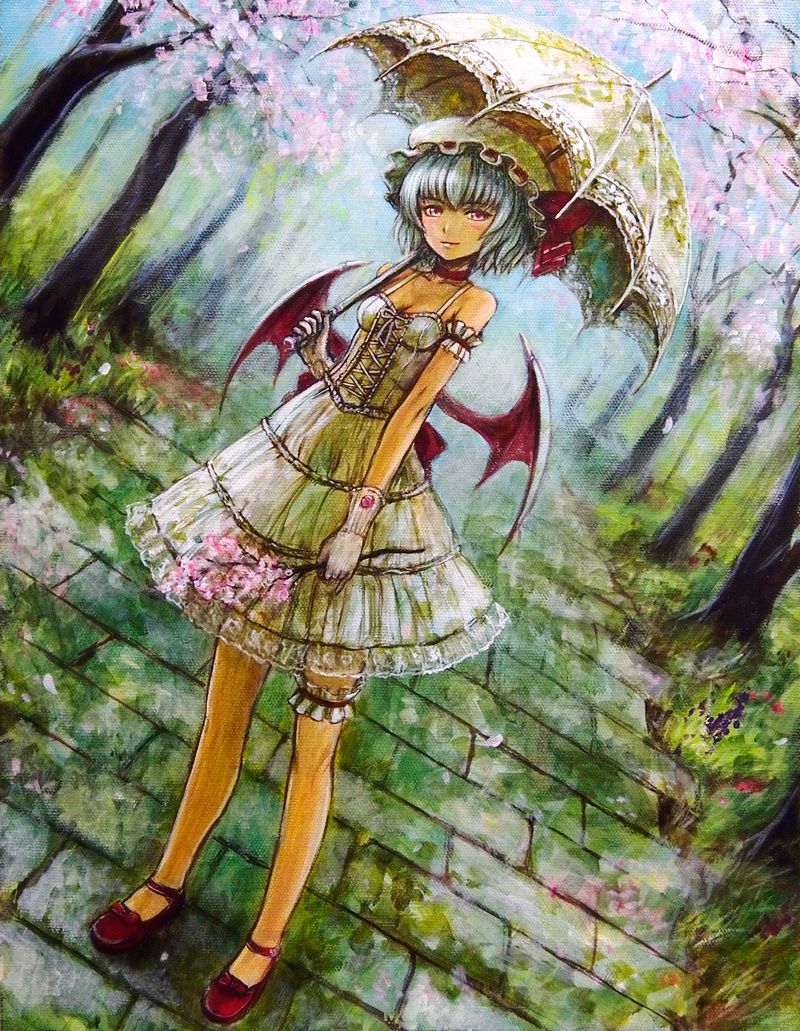 1girl, bat_wings, blue_hair, blush, cherry_blossoms, choker, dress, dutch_angle