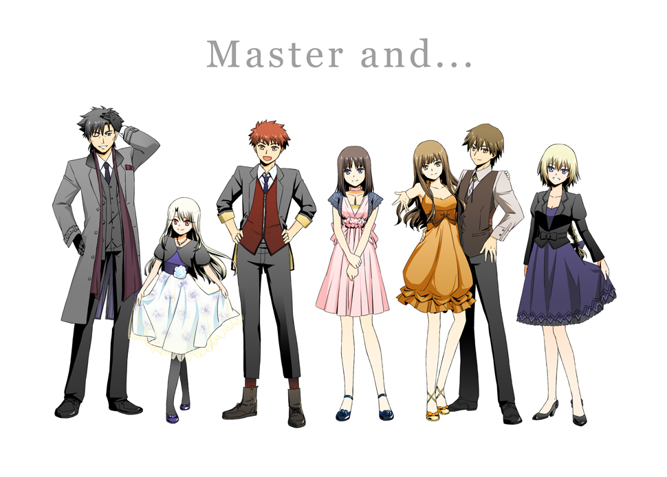3boys, 4girls, black_hair, blonde_hair, brown_hair, dress, emiya_kiritsugu, fate/apocrypha, fate/extra, fate/extra_ccc, fate/prototype, fate/stay_night, fate/zero, fate_(series), formal, illyasviel_von_einzbern, kishinami_hakuno_(female), kishinami_hakuno_(male), multiple_boys, multiple_girls, pantyhose, ruler_(fate/apocrypha), sajou_ayaka, shimaneko, suit, white_hair