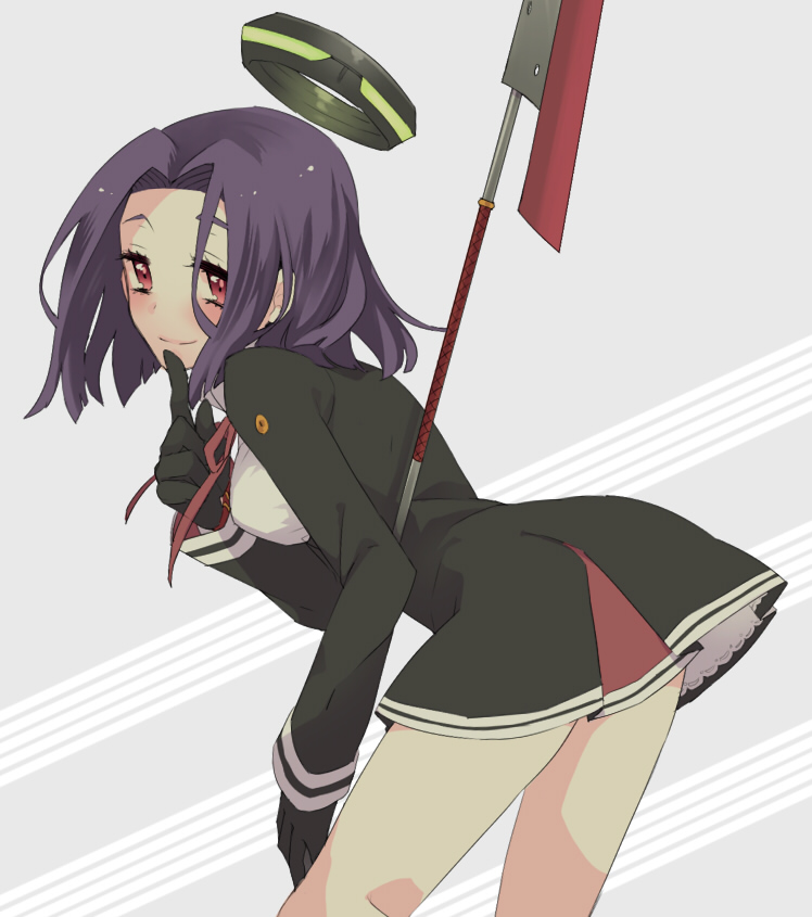1girl, bent_over, gloves, halberd, inoue_mikuni, kantai_collection, looking_at_viewer, mechanical_halo, personification, polearm, purple_hair, red_eyes, short_hair, solo, tatsuta_(kantai_collection), weapon