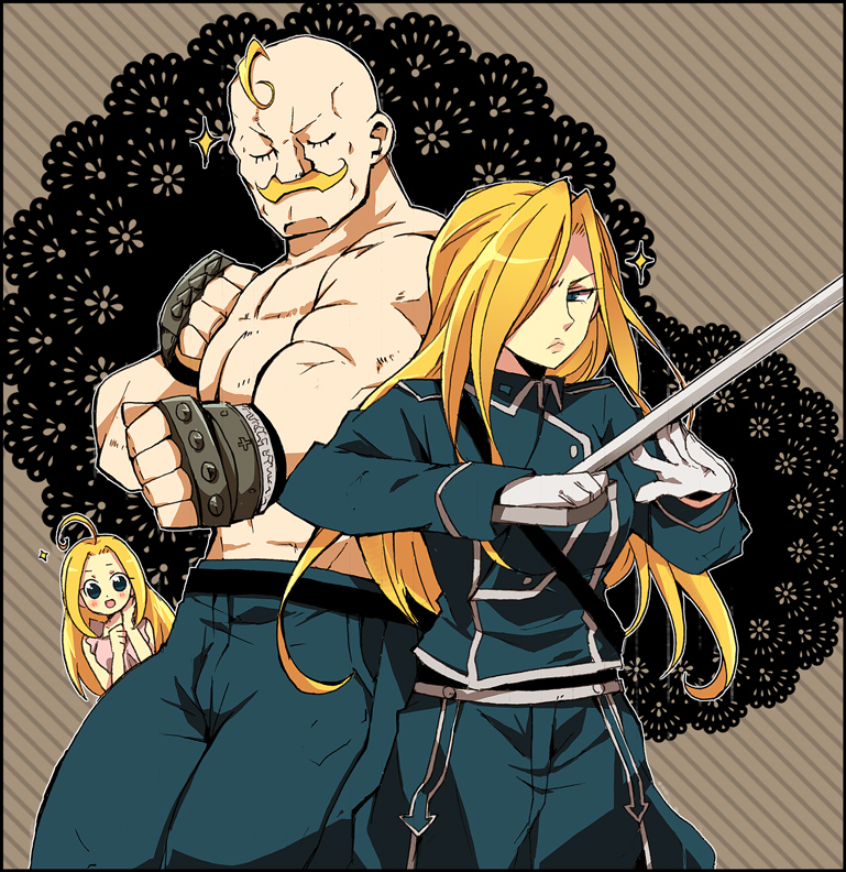 1boy, 2girls, ahoge, alex_louis_armstrong, blonde_hair, blue_eyes, brother_and_sister, catherine_elle_armstrong