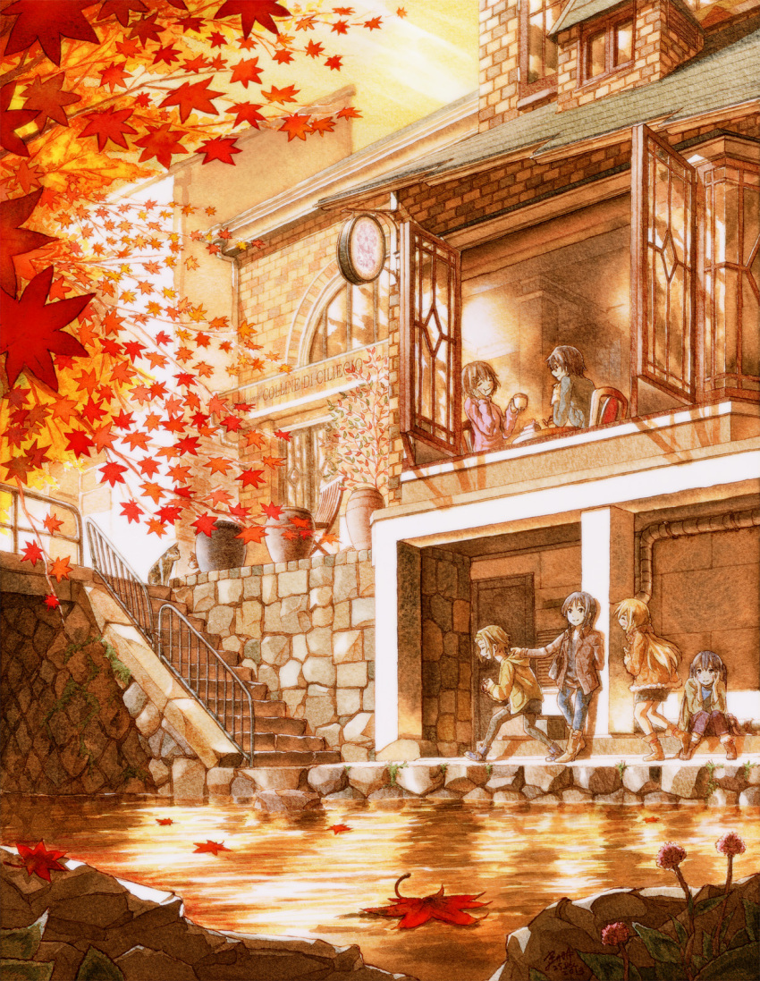 6+girls, akiyama_mio, autumn, building, fall, hashiribe, highres, hirasawa_yui