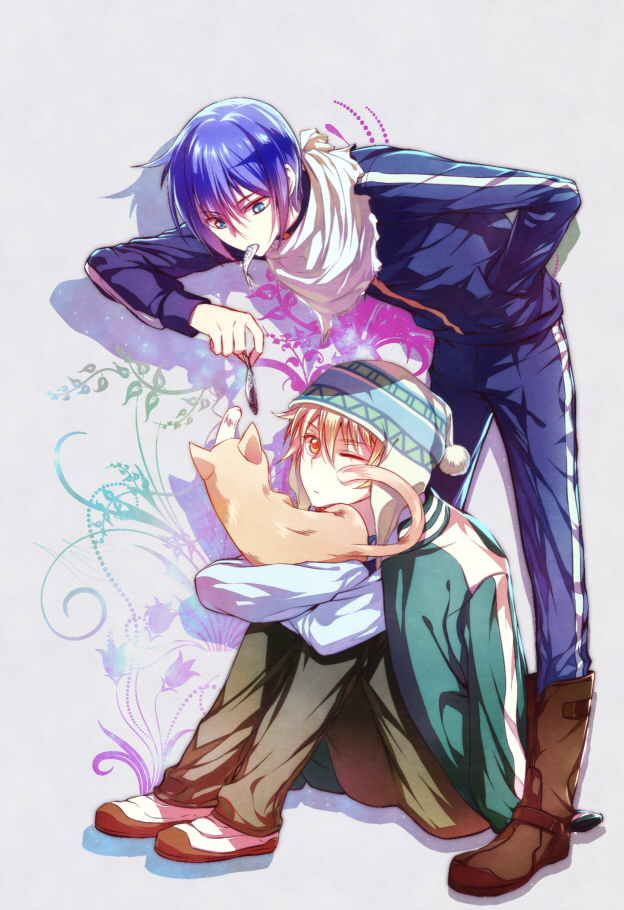2boys, beanie, blonde_hair, blue_eyes, blue_hair, cat, fish, hat