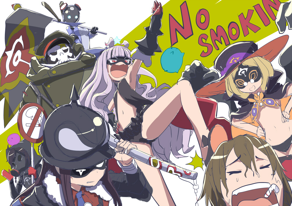 3boys, 4girls, antenna_hair, armpits, bare_shoulders, black_panties, blonde_hair, brown_hair