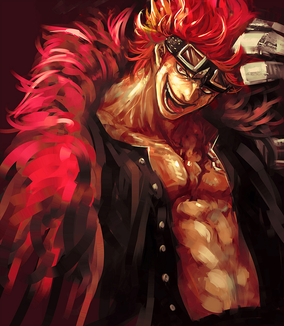 1boy, :p, eustass_captain_kid, fur_trim, goggles, male, one_piece, red_eyes
