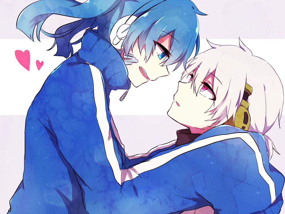 1boy, 1girl, blue_eyes, blue_hair, ene_(kagerou_project), eye_contact, headphones, kagerou_project