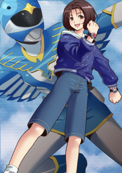 bracelet, brown_hair, casual, choujin_sentai_jetman, denim, denim_shorts, hayasaka_ako, hoodie, izumi_rion, jacket, jewelry, sentai, short_hair, shorts, super_sentai