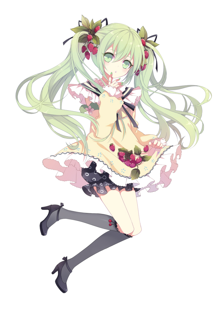 1girl, bloomers, food, food_as_clothes, food_themed_clothes, fruit, green_eyes, green_hair, hatsune_miku, high_heels, kneehighs, ling_(sroin), long_hair, looking_at_viewer, open_mouth, solo, strawberry, strawberry_miku, tagme, twintails, underwear, vocaloid, white_background