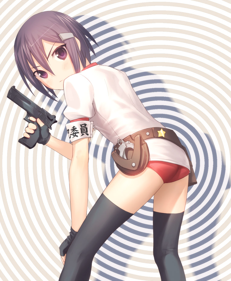 armband, belt, black_hair, bloomers, cuffs, gloves, gun, gym_uniform, handcuffs, looking_back, mawari, pe_uniform, seto_no_hanayome, short_hair, sports_uniform, thigh_highs, thighhighs, uni, uniform, violet_eyes, weapon, zenigata_mawari