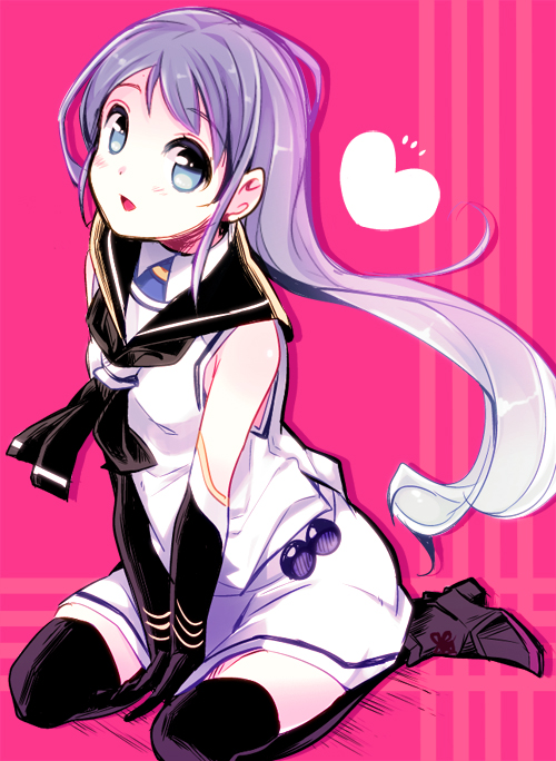 1girl, black_legwear, blue_eyes, boots, character_request, copyright_request, gloves, happy, long_hair, looking_at_viewer, miyamakoume, open_mouth, purple_hair, smile, solo, tagme, thighs