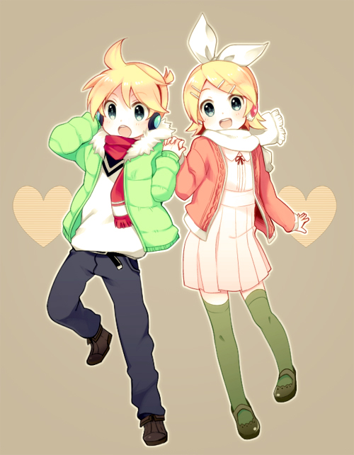 1boy, 1girl, blonde_hair, dress, green_legwear, hair_ornament, happy, holding_hands, jacket, kagamine_len, kagamine_rin, looking_at_viewer, miyamakoume, open_mouth, pullover, scarf, shoes, short_hair, smile, tagme, vocaloid, winter_clothes