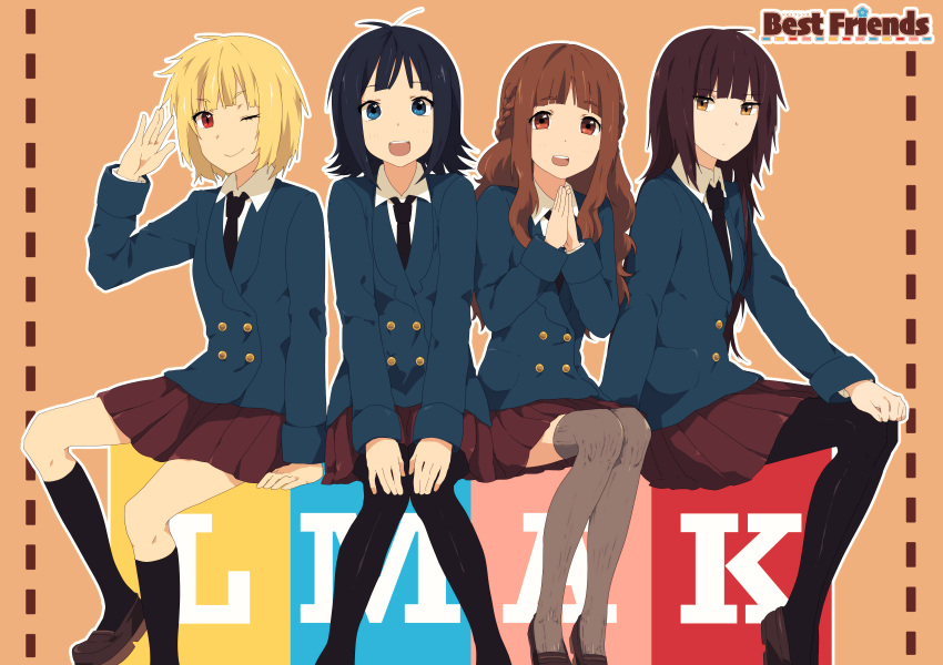 4girls, bangs, blonde_hair, blue_hair, blunt_bangs, brown_hair, highres, long_hair