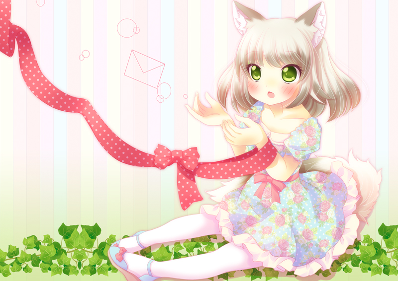 1girl, animal_ears, dress, floral_print, fox_ears, fox_tail, frilled_dress, frills