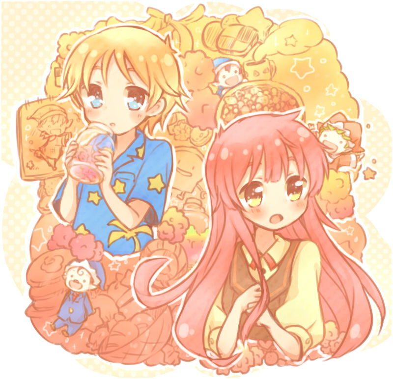 banana, blonde_hair, blue_eyes, bottle, cookie, cup, fairy_(jintai), food