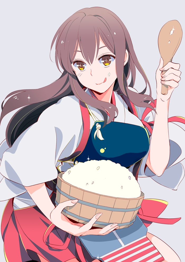 +_+, 1girl, :q, akagi_(kantai_collection), brown_hair, food, food_on_face, japanese_clothes