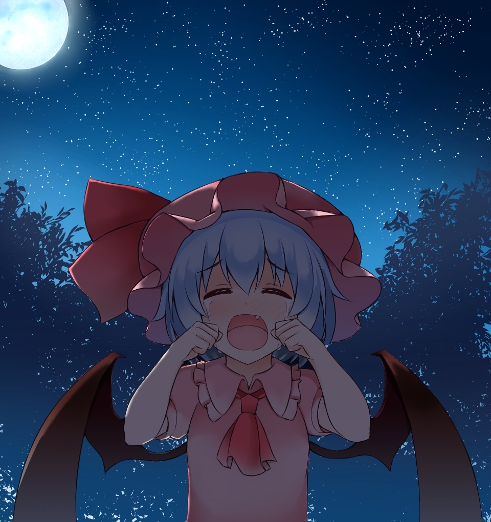 1girl, bat_wings, blue_hair, blush, closed_eyes, fang, full_moon, hat, moon, night, night_sky, nikonikosiro, open_mouth, remilia_scarlet, short_hair, sky, solo, star_(sky), starry_sky, tears, touhou, wings