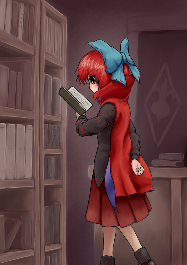 1girl, ankle_boots, arm_behind_back, blouse, book, bookshelf, boots, bow