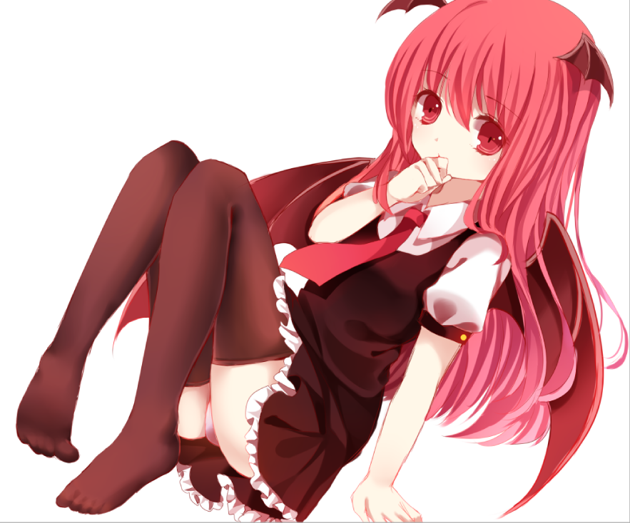 1girl, arm_support, bat_wings, black_legwear, covering_mouth, hand_to_own_mouth, head_wings, koakuma