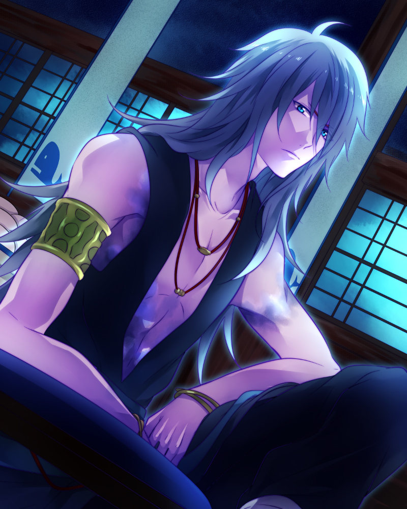 1boy, armband, blue_eyes, kamu_(camui), long_hair, male, nagi_no_asukara, silver_hair
