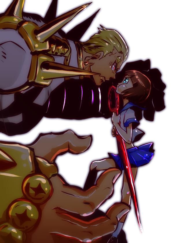 1boy, 1girl, alternate_eye_color, angry, blonde_hair, blue_eyes, brown_hair, climaxmukr, eye_contact, faceoff, frown, gamagoori_ira, kill_la_kill, looking_at_another, mankanshoku_mako, puffed_cheeks, red_eyes, school_uniform, scissor_blade, serafuku, short_hair, size_difference, spikes, white_background