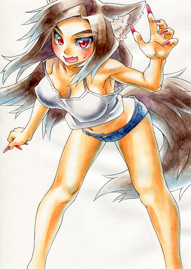 1girl, animal_ears, bare_legs, blush, breasts, brown_hair, cleavage, fingernails