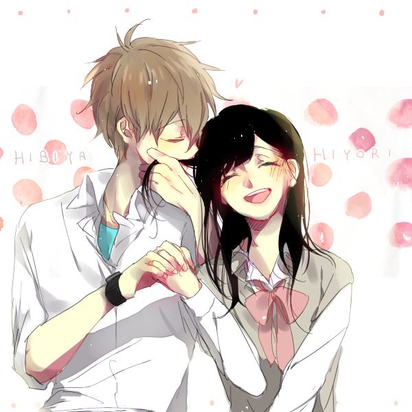 1boy, 1girl, amamiya_hibiya, asahina_hiyori, black_hair, brown_hair, closed_eyes, couple, good_end, hair_kiss, happy, haro18, holding_hands, kagerou_project, long_hair, school_uniform, short_hair, smile, teenage
