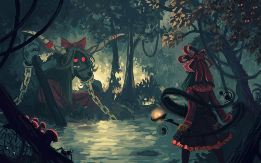 absurdres, bow, chain, forest, green_hair, hair_bow, highres, horns