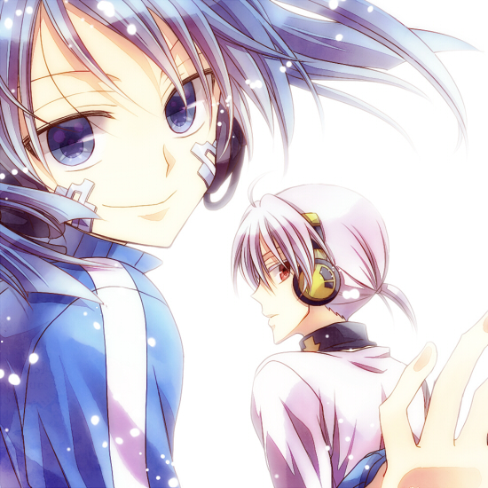 1boy, 1girl, blue_eyes, blue_hair, ene_(kagerou_project), headphones, kagerou_project, konoha_(kagerou_project)