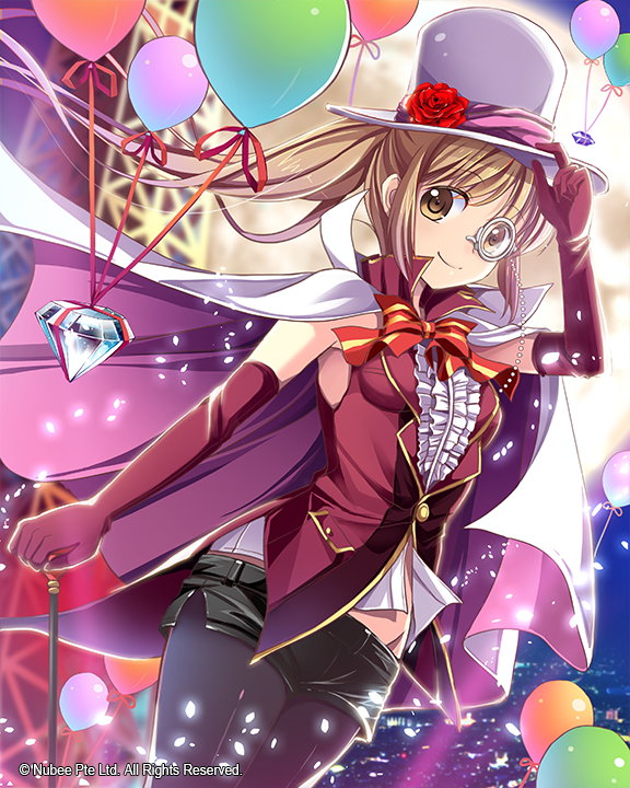 1girl, balloon, brown_eyes, brown_hair, cape, diamond, elbow_gloves, gloves