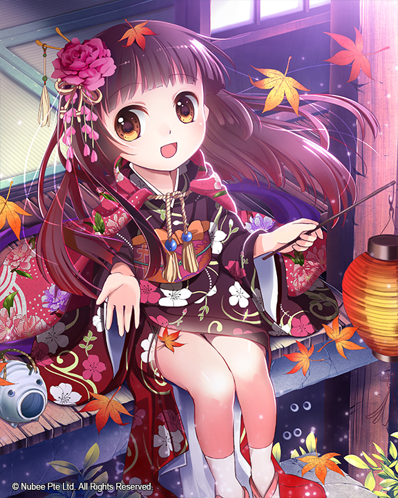 1girl, autumn_leaves, brown_eyes, brown_hair, japanese_clothes, lantern, long_hair, looking_at_viewer