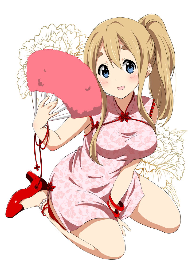 1girl, alternate_hairstyle, blonde_hair, blue_eyes, blush, bracelet, china_dress, chinese_clothes