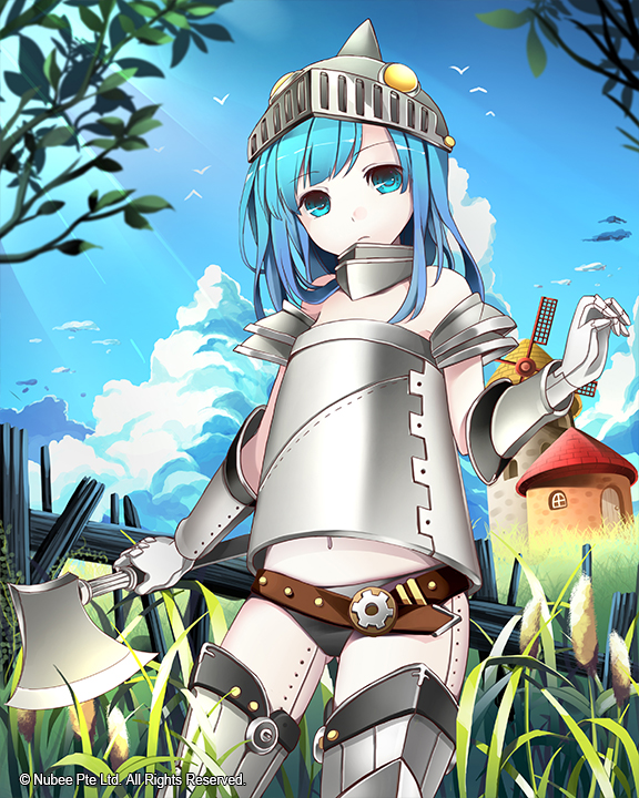 1girl, armor, axe, blue_eyes, blue_hair, genderswap, grass, long_hair