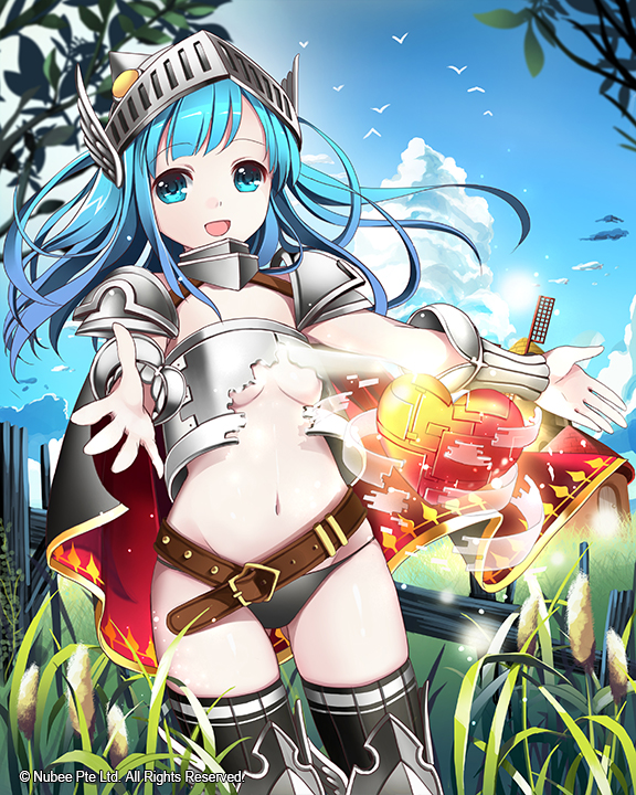 1girl, armor, axe, blue_eyes, blue_hair, breasts, broken_armor, grass