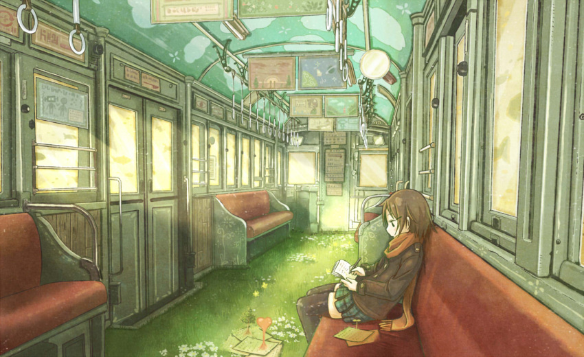 1girl, brown_hair, coat, grass, heart, nabana, original, scarf