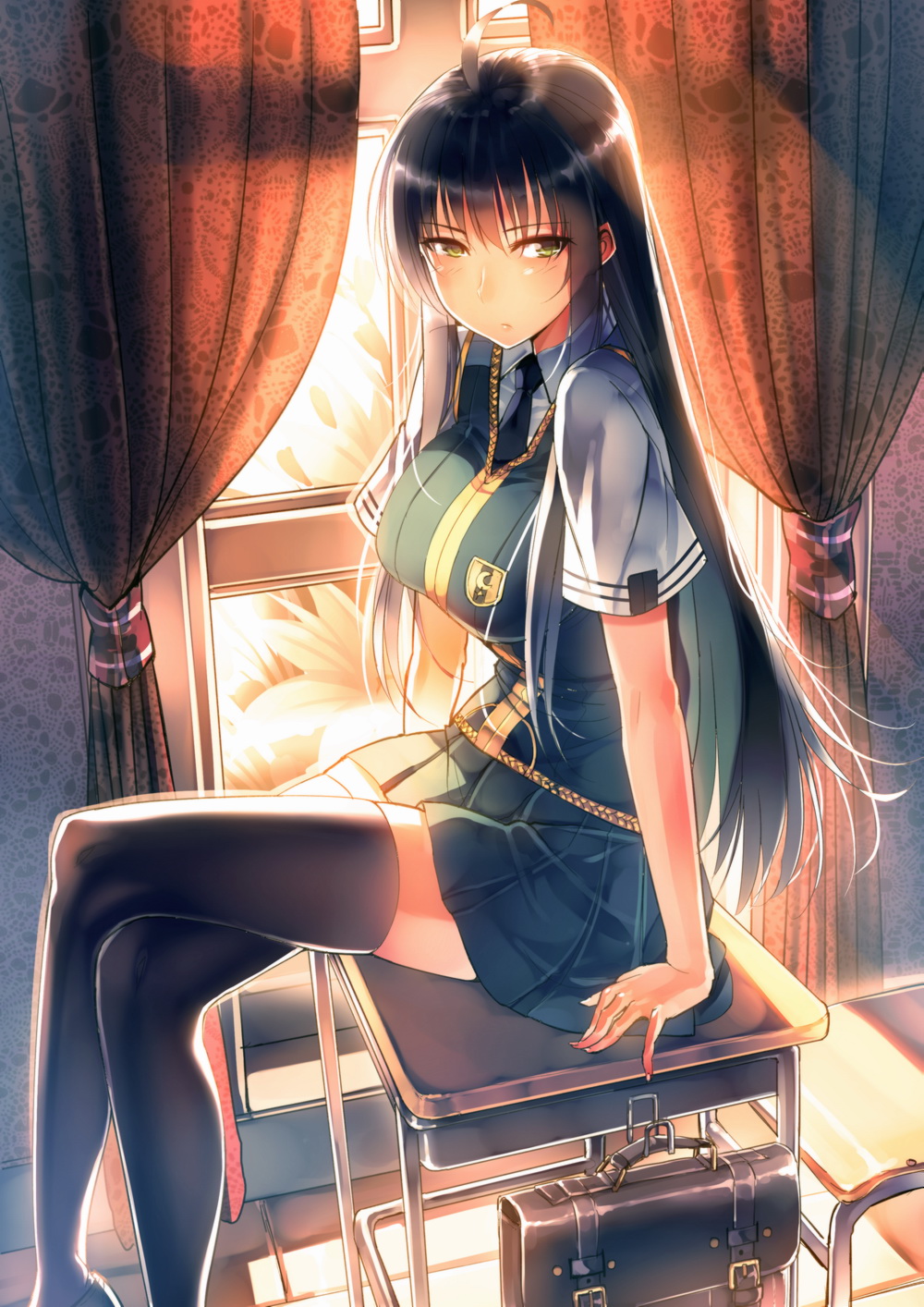 1girl, ahoge, bag, black_hair, black_legwear, green_eyes, highres, kagari_ayaka