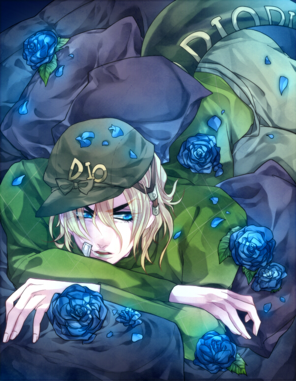 1boy, blonde_hair, blue_eyes, blue_rose, diego_brando, flower, hat, jojo_no_kimyou_na_bouken