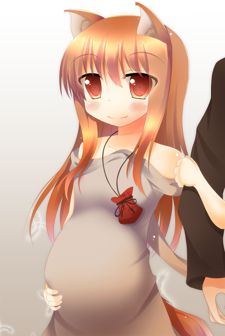 1girl, animal_ears, bare_shoulders, brown_hair, craft_lawrence, fang, holo, long_hair, ponpon_(tosico), pregnant, red_eyes, smile, solo_focus, spice_and_wolf, tail, wolf_ears, wolf_tail