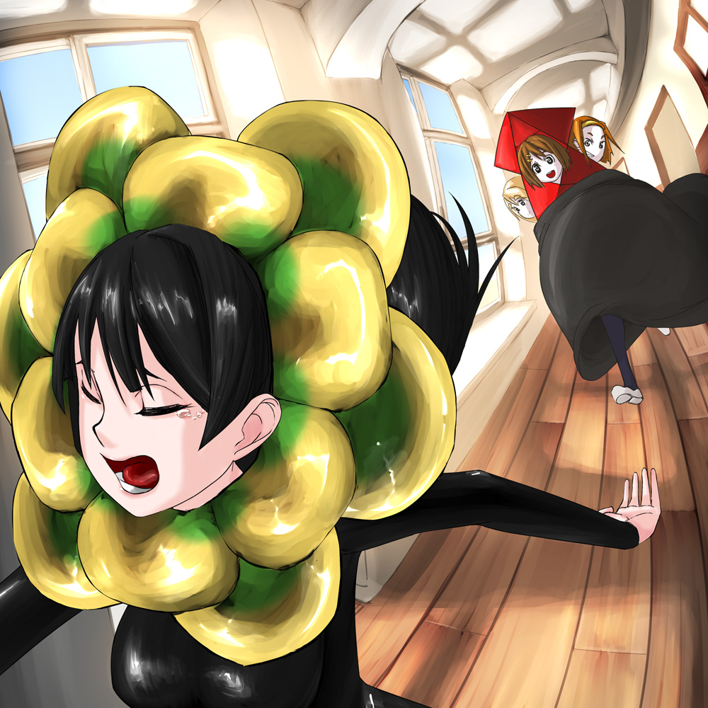 akiyama_mio, flower_costume, gamma_ray_burst, genesis_(band), hallway, hirasawa_yui, k-on!, kotobuki_tsumugi