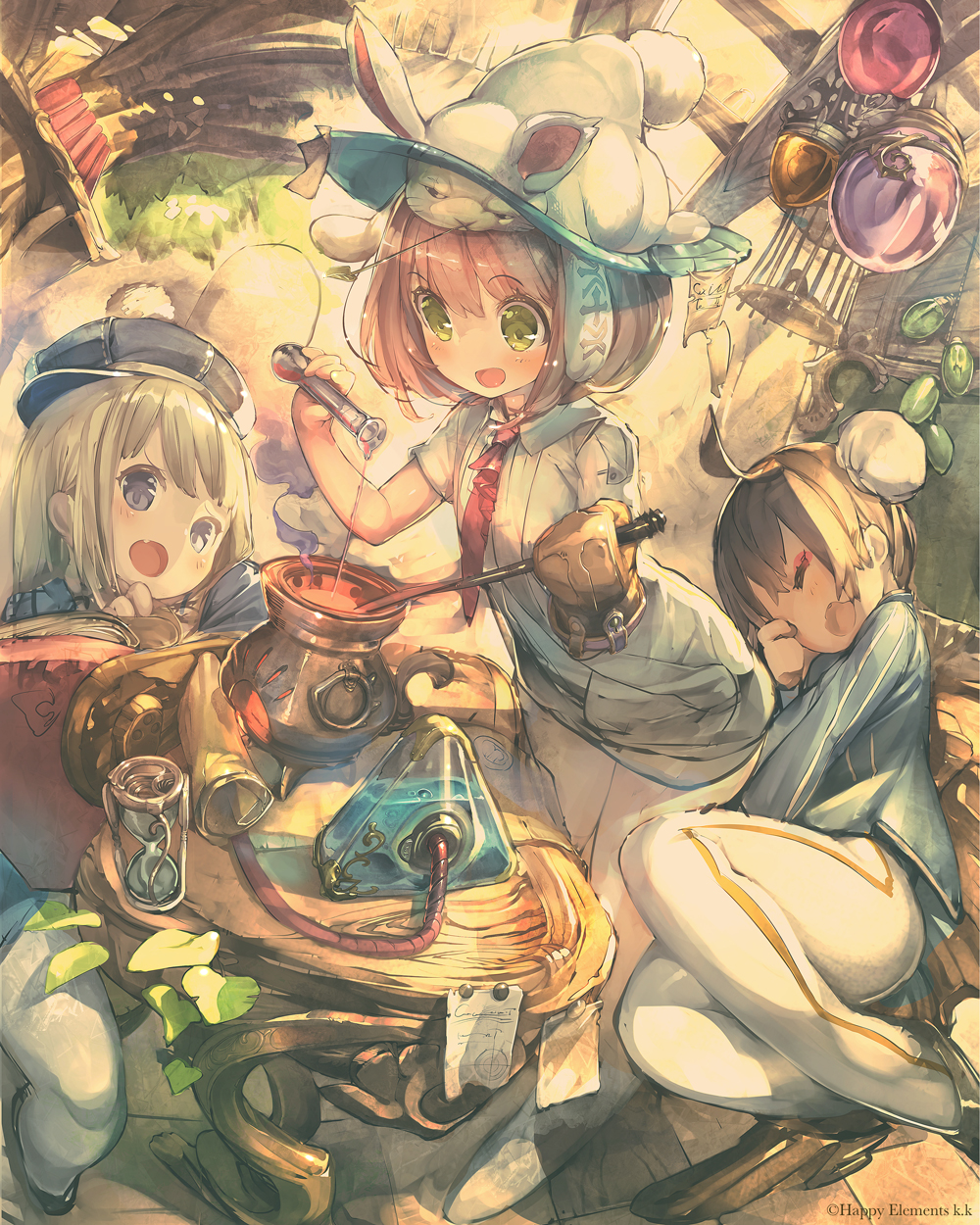 3girls, ahoge, alchemy, animal_hat, birdcage, blonde_hair, blue_eyes, book